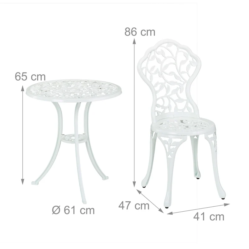 Lot de 1 salon de jardin 2 personnes table avec 2 chaises design floral ambiance cosy en fonte d'aluminium blanc 13_0016724