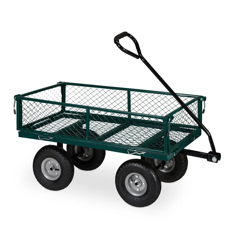 Chariot de transport solide pour jardin 100 x 60 x 30 cm avec côtés rabattables et 4 roues pneumatiques en acier vert 13_0011144