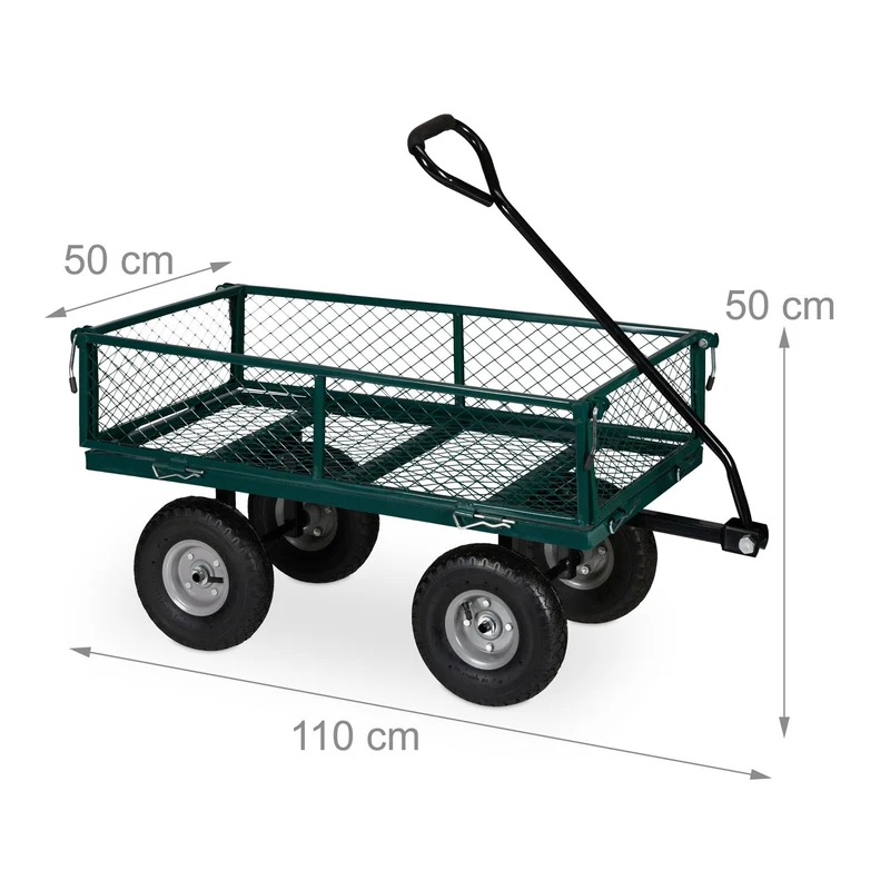 Chariot de transport solide pour jardin 100 x 60 x 30 cm avec côtés rabattables et 4 roues pneumatiques en acier vert 13_0011144