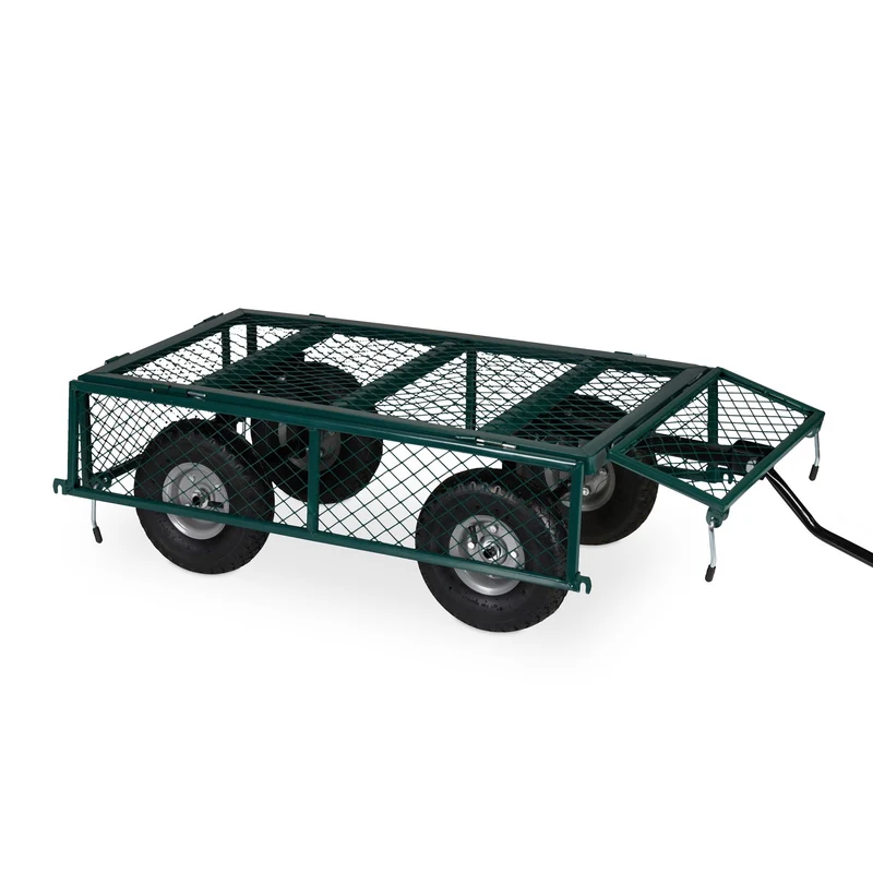 Chariot de transport solide pour jardin 100 x 60 x 30 cm avec côtés rabattables et 4 roues pneumatiques en acier vert 13_0011144