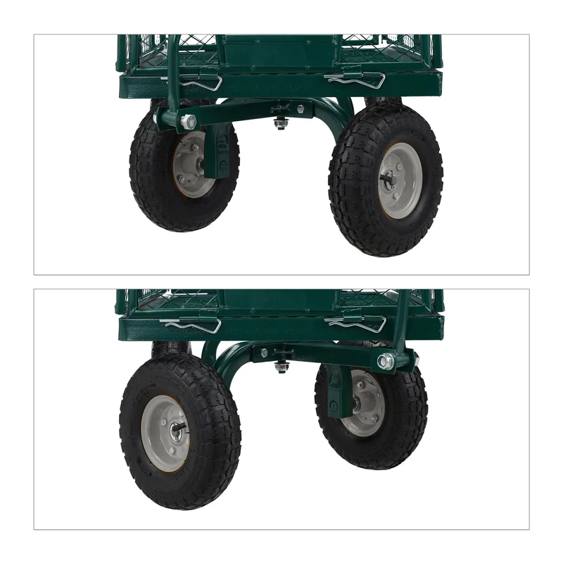 Chariot de transport solide pour jardin 100 x 60 x 30 cm avec côtés rabattables et 4 roues pneumatiques en acier vert 13_0011144
