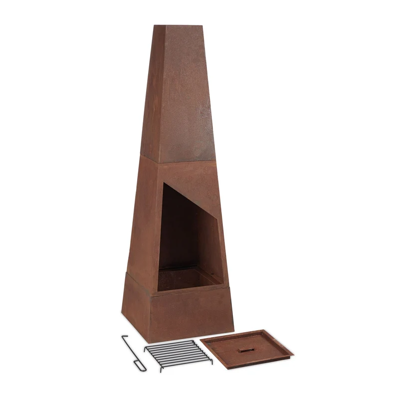 Brasero extérieur pyramidal 60 x 60 x 30 cm avec grille de foyer amovible esthétique rustique en acier corten 13_0010934