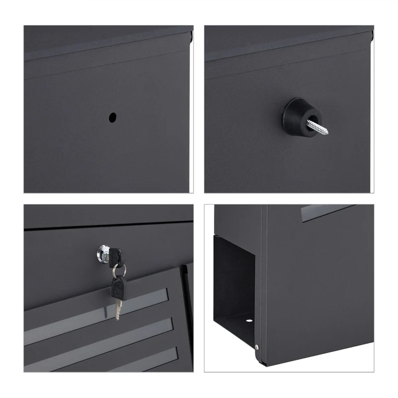 Boîte aux lettres murale moderne avec porte-journaux design épuré 40 x 30 x 10 cm en acier noir mat 13_0011278