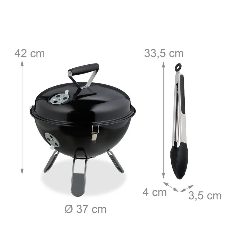 Barbecue rond portable compact 37 cm avec couvercle amovible idéal pique-nique en acier noir 13_0016760