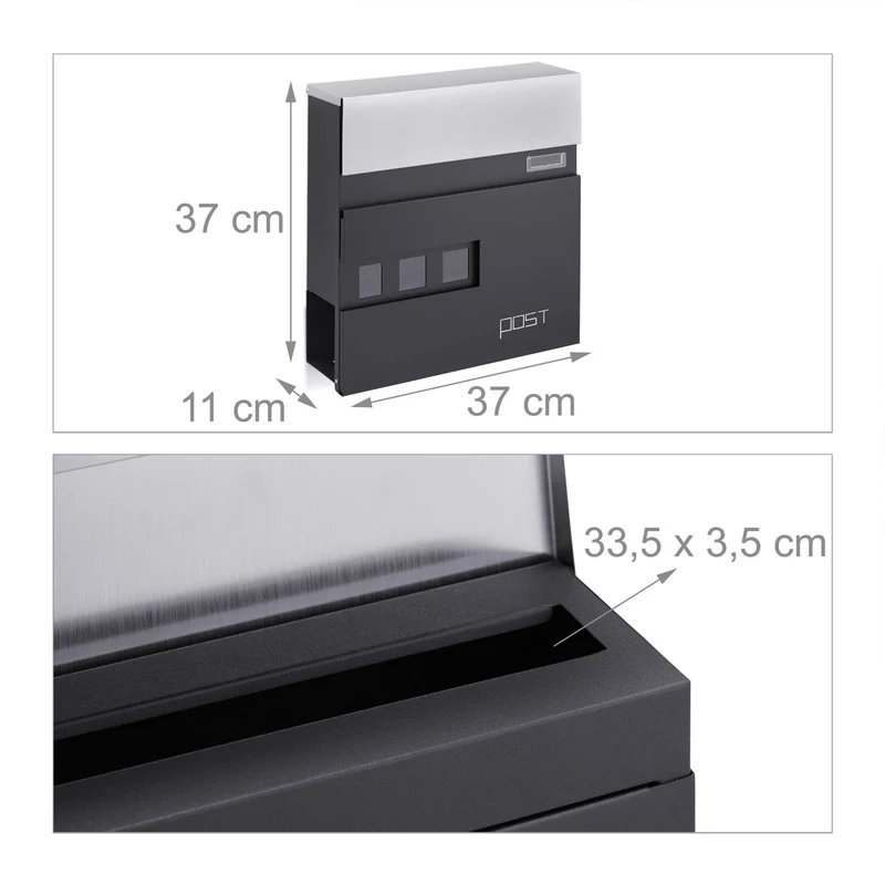 Boîte aux lettres moderne murale avec porte-journaux 40 x 30 x 10 cm design épuré finition mate en acier gris 13_0011285
