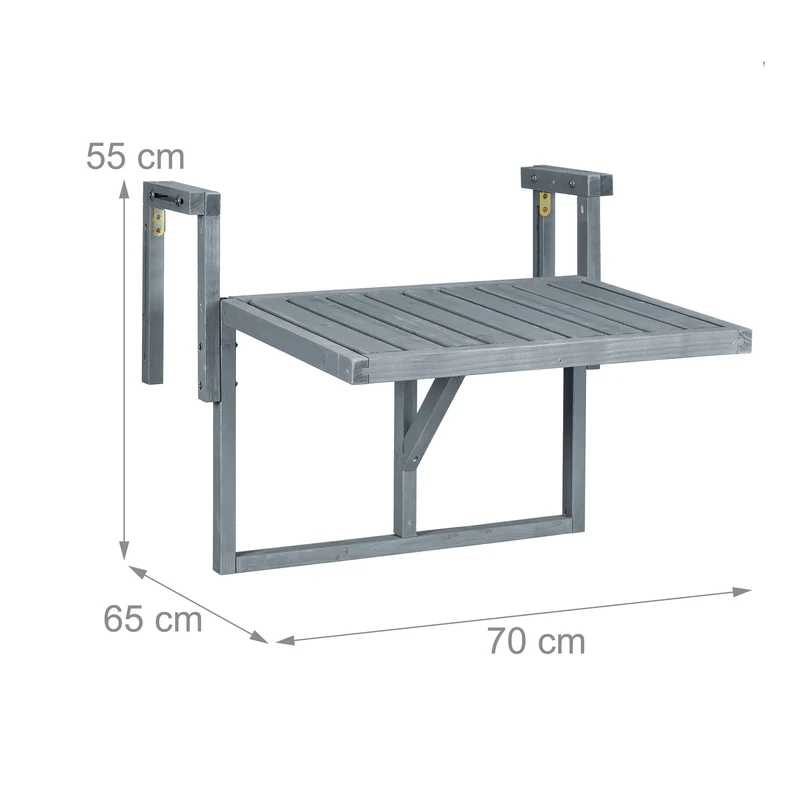 Table repliable pour balcon 60 x 40 x 10 cm gain de place ajustable hauteur style rustique en bois gris 13_0011277