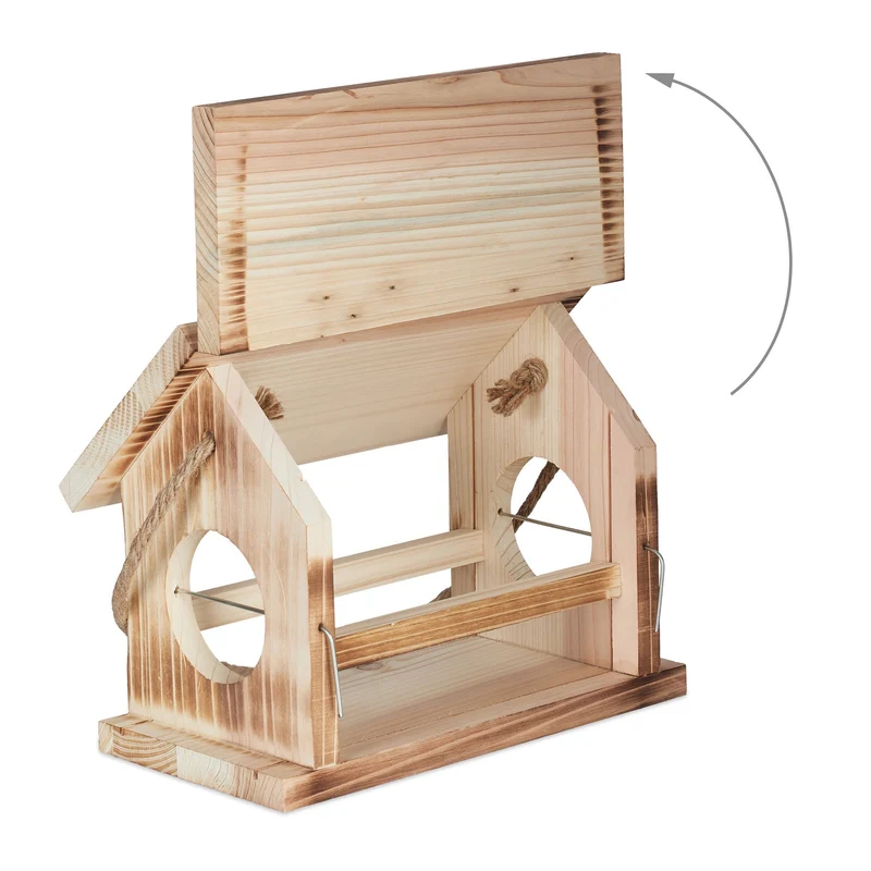 Mangeoire d'extérieur pour oiseaux jardin toit ouvrant 25 x 20 x 25 cm en bois flambé 13_0012342