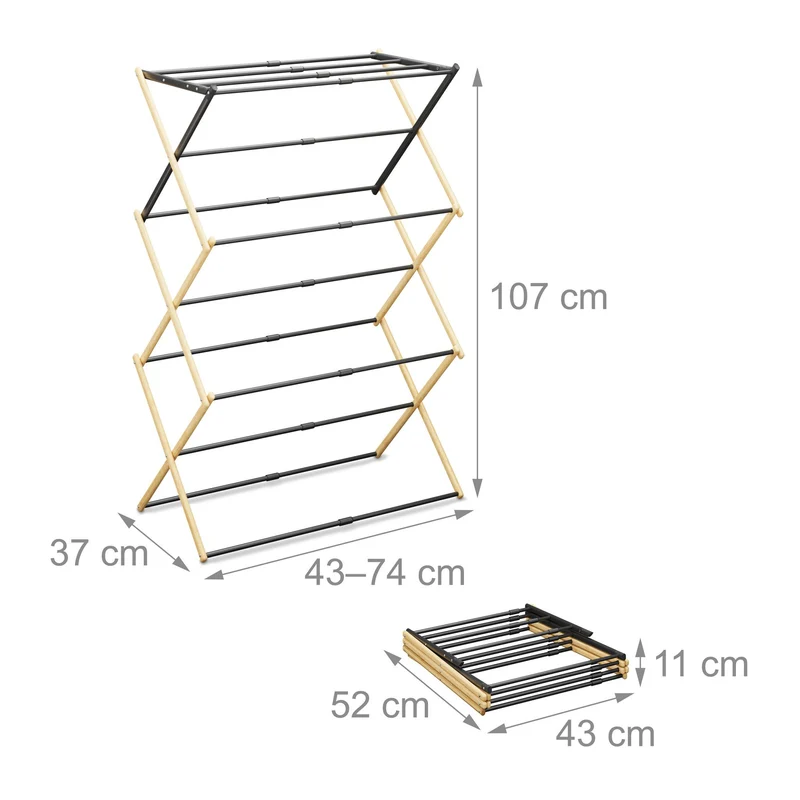 Étendoir à linge pliable peu encombrant pratique 107 x 43–74 x 37 cm en fer blanc 13_0017647
