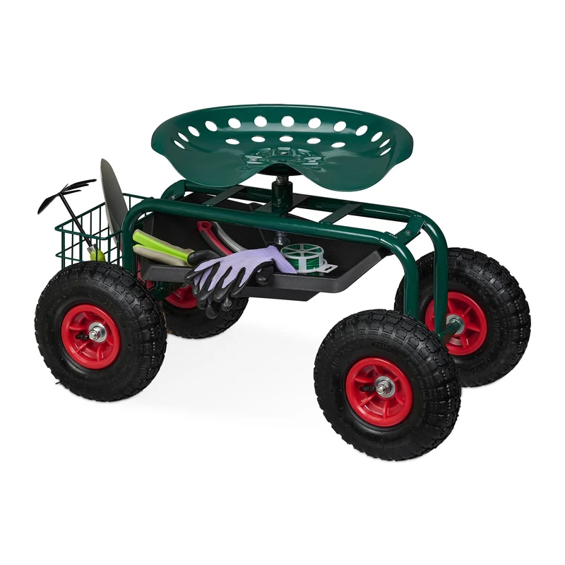 Lot de 1 tabouret roulant jardin ajustable 45-54 x 42 x 81 cm assise confortable rangement pratique en acier vert 13_0016013