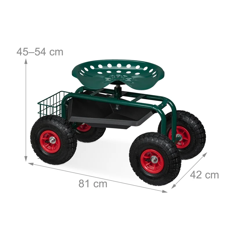 Lot de 1 tabouret roulant jardin ajustable 45-54 x 42 x 81 cm assise confortable rangement pratique en acier vert 13_0016013