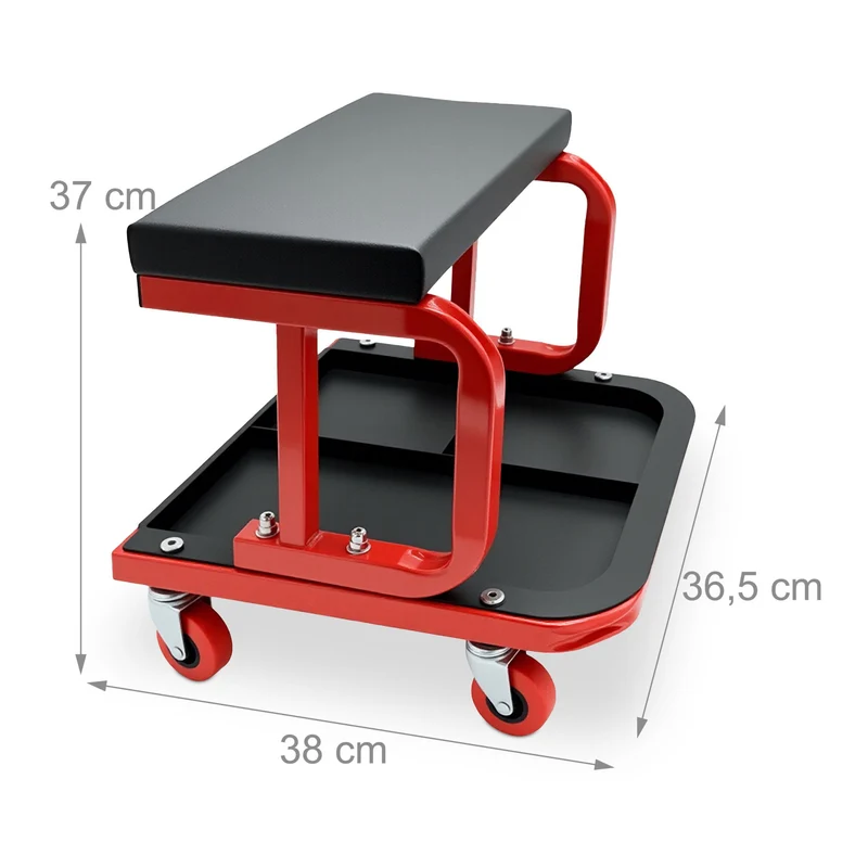 Tabouret de montage à roulettes ergonomique pour atelier garage 60 x 60 x 70 cm avec rangement pratique en métal noir 13_0017403