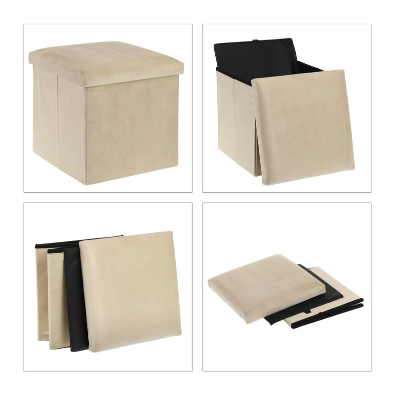 Tabouret de rangement pliable confort matelassé 38 x 38 x 38 cm en velours beige 13_0011225