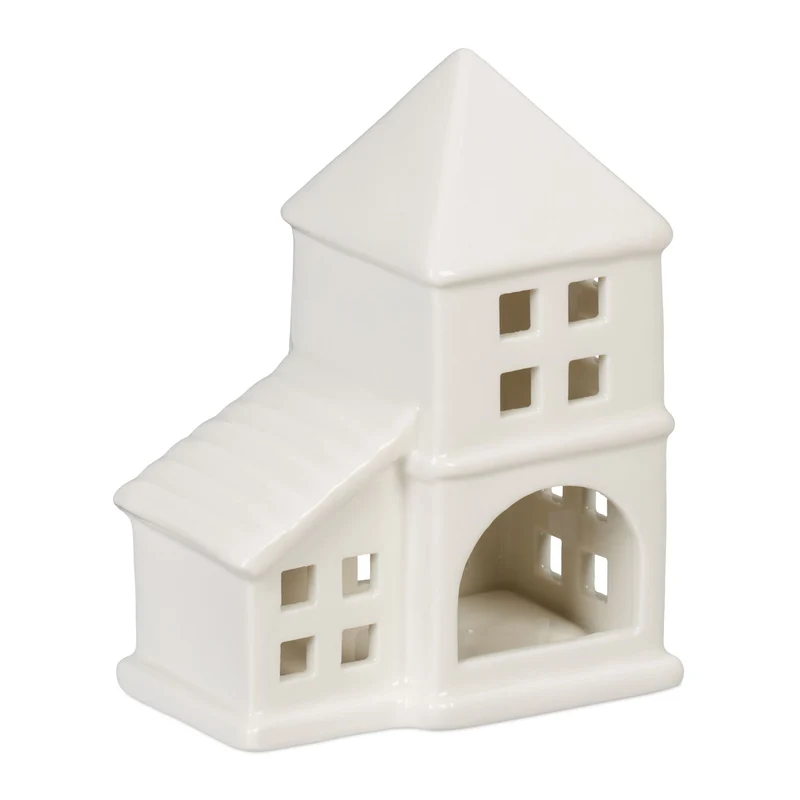 Photophore en forme de maison ambiance cosy déco intérieur 18 x 12 x 12 cm en porcelaine blanche 13_0015198