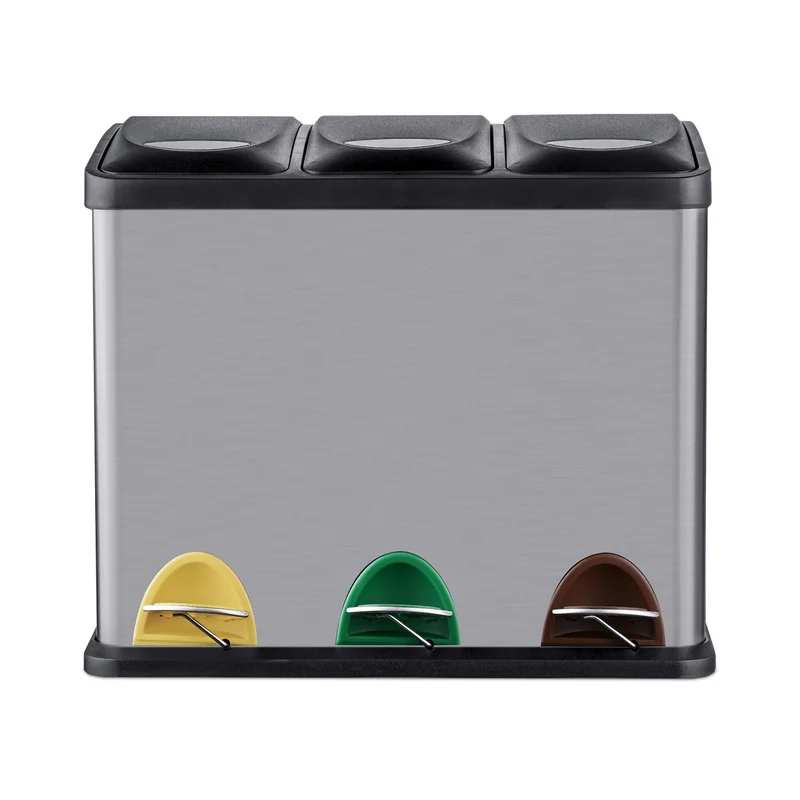 Poubelle de cuisine à pédale tri sélectif 39,5 x 46 x 26,5 cm 3 compartiments pratique design en métal noir 13_0017991