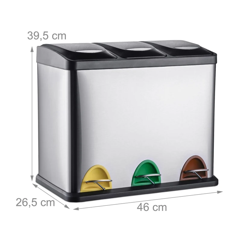 Poubelle de cuisine à pédale tri sélectif 39,5 x 46 x 26,5 cm 3 compartiments pratique design en métal noir 13_0017991