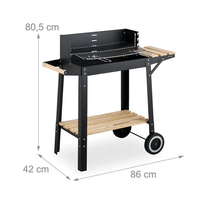 Barbecue mobile avec étagères pour jardin grande surface de cuisson réglable 115 x 60 x 100 cm en métal noir 13_0016759