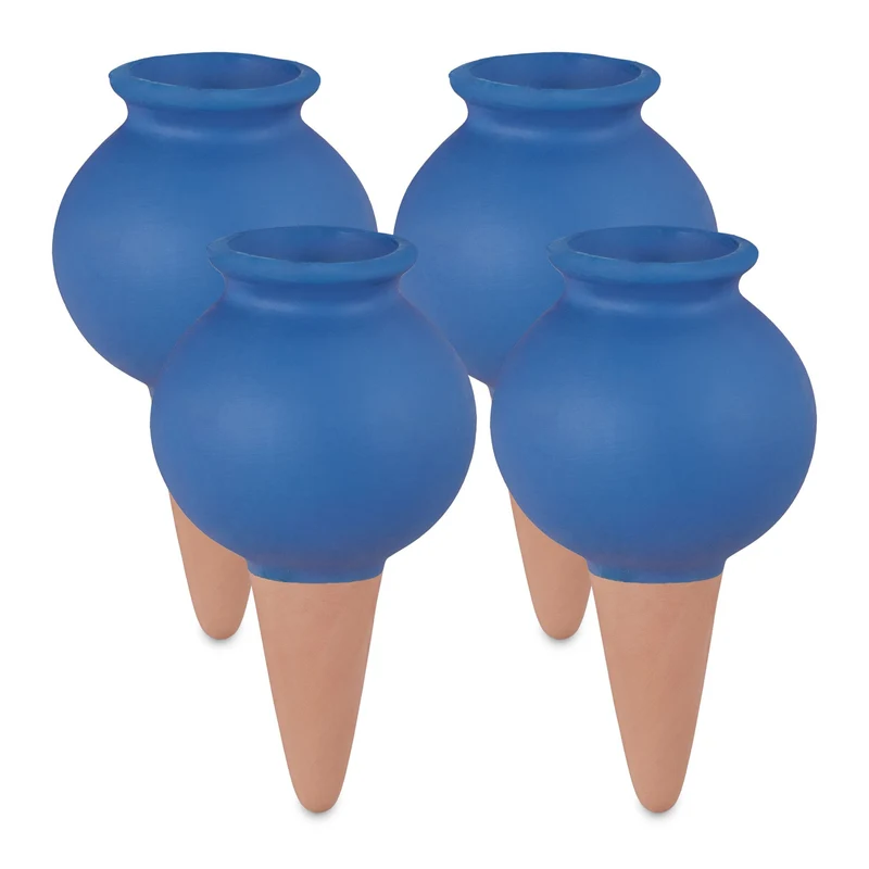 Lot de 4 cônes d'arrosage en céramique pour plantes 12 x 6 cm arrosage automatique intérieur jardin en argile bleu 13_0010432