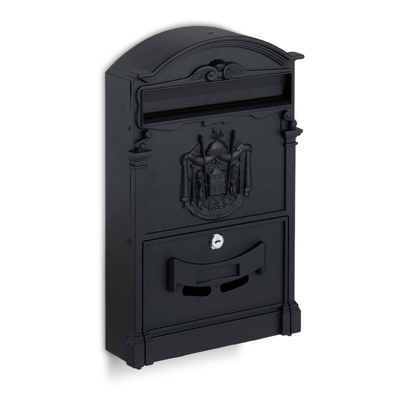 Boîte aux lettres murale vintage en acier 40 x 30 x 10 cm avec serrure design antique en noir 13_0011294