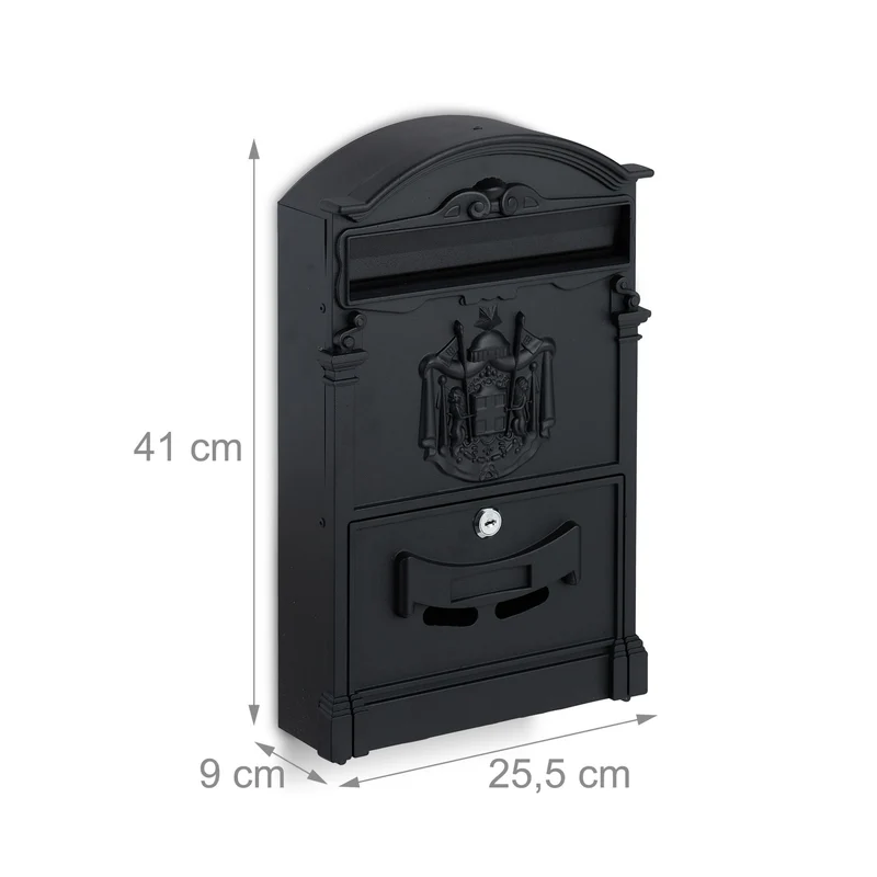 Boîte aux lettres murale vintage en acier 40 x 30 x 10 cm avec serrure design antique en noir 13_0011294