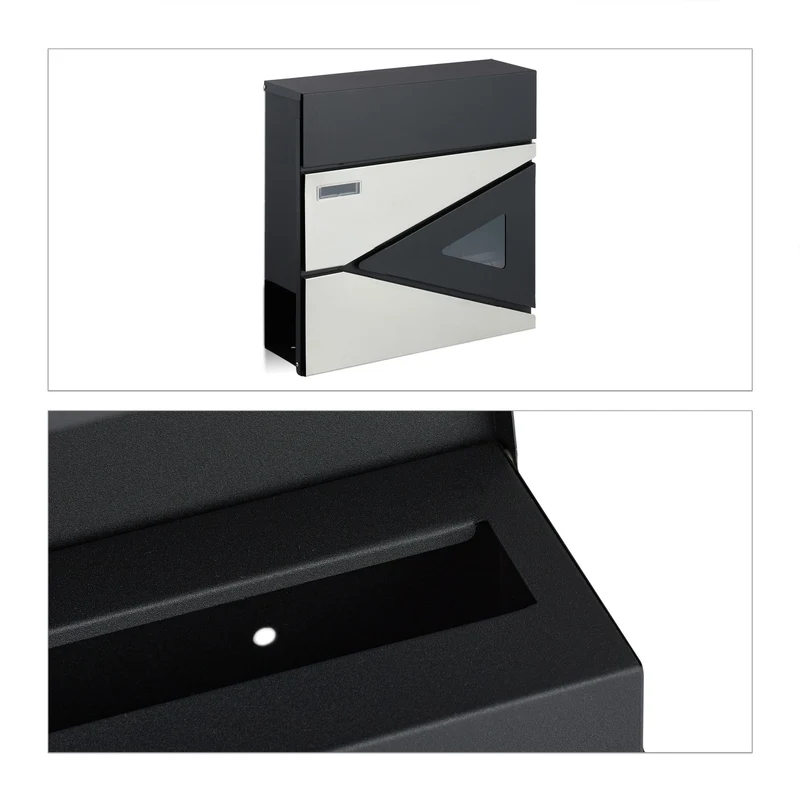 Boîte aux lettres murale moderne avec porte-journaux design géométrique 38 x 35 x 10 cm en acier noir 13_0011295