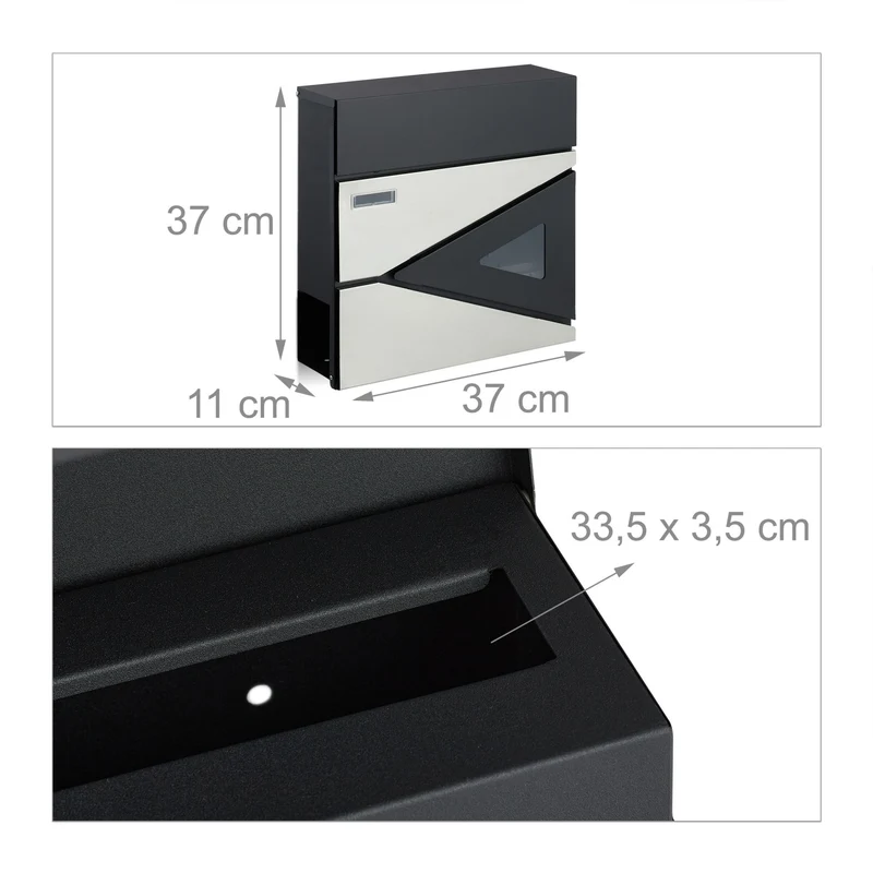 Boîte aux lettres murale moderne avec porte-journaux design géométrique 38 x 35 x 10 cm en acier noir 13_0011295