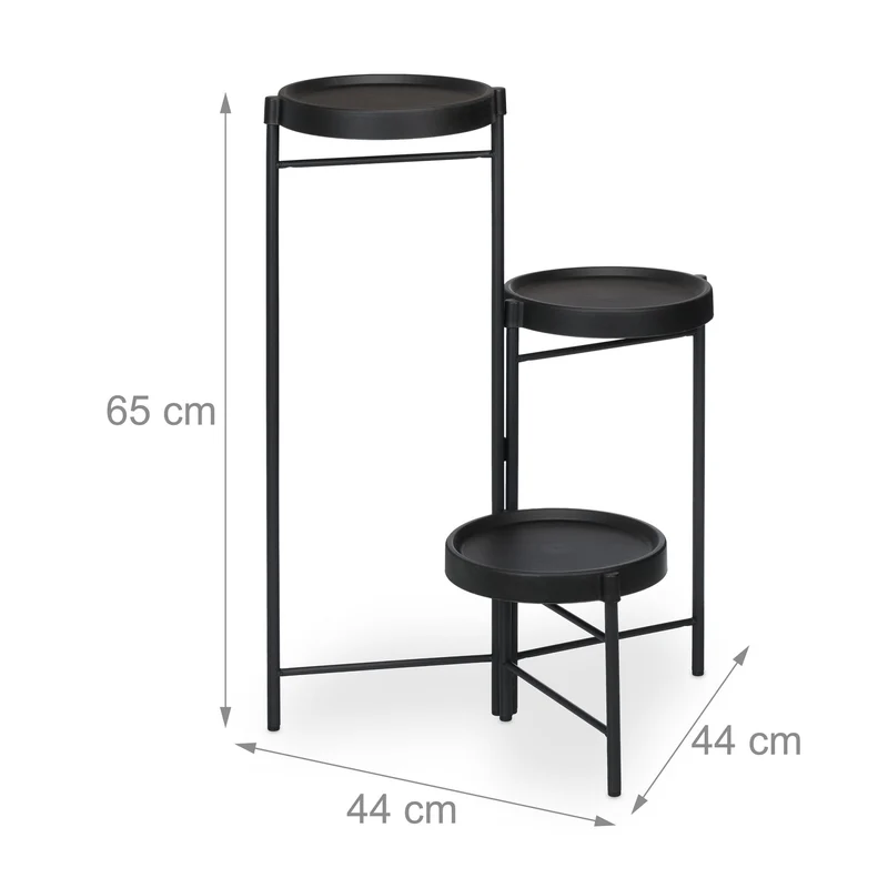 Étagère à plantes pliable moderne pour salon véranda 65 x 44 x 44 cm 3 tablettes rondes en acier noir 13_0016749