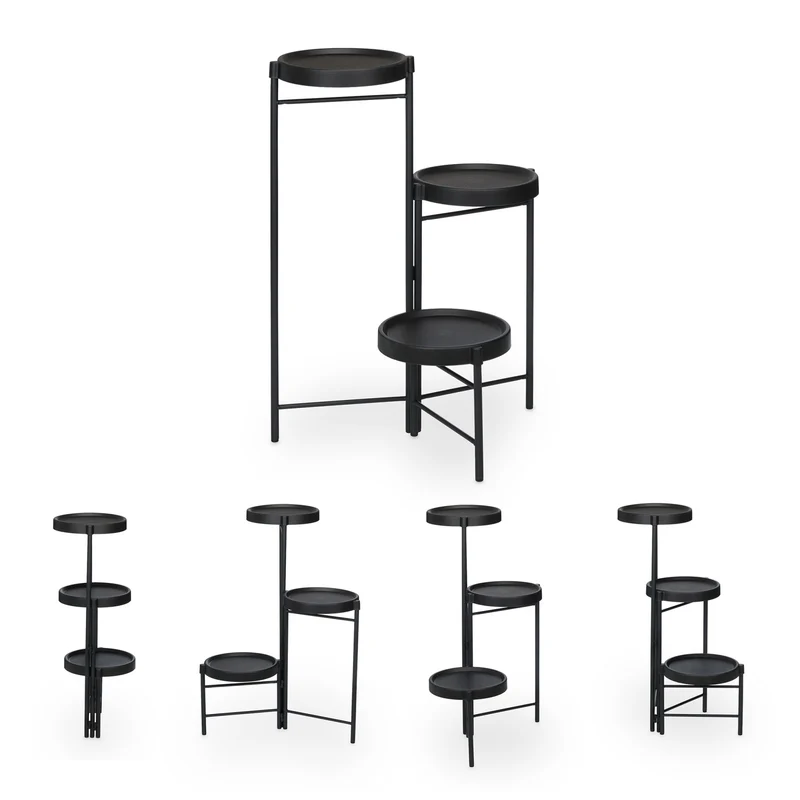 Étagère à plantes pliable moderne pour salon véranda 65 x 44 x 44 cm 3 tablettes rondes en acier noir 13_0016749