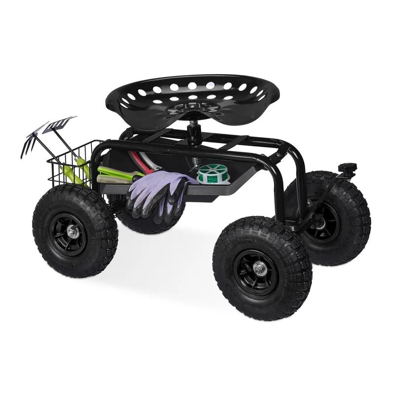 Siège roulant de jardin ergonomique ajustable 47 x 45 x 87 cm rangement outils pratique en acier vert 13_0016014