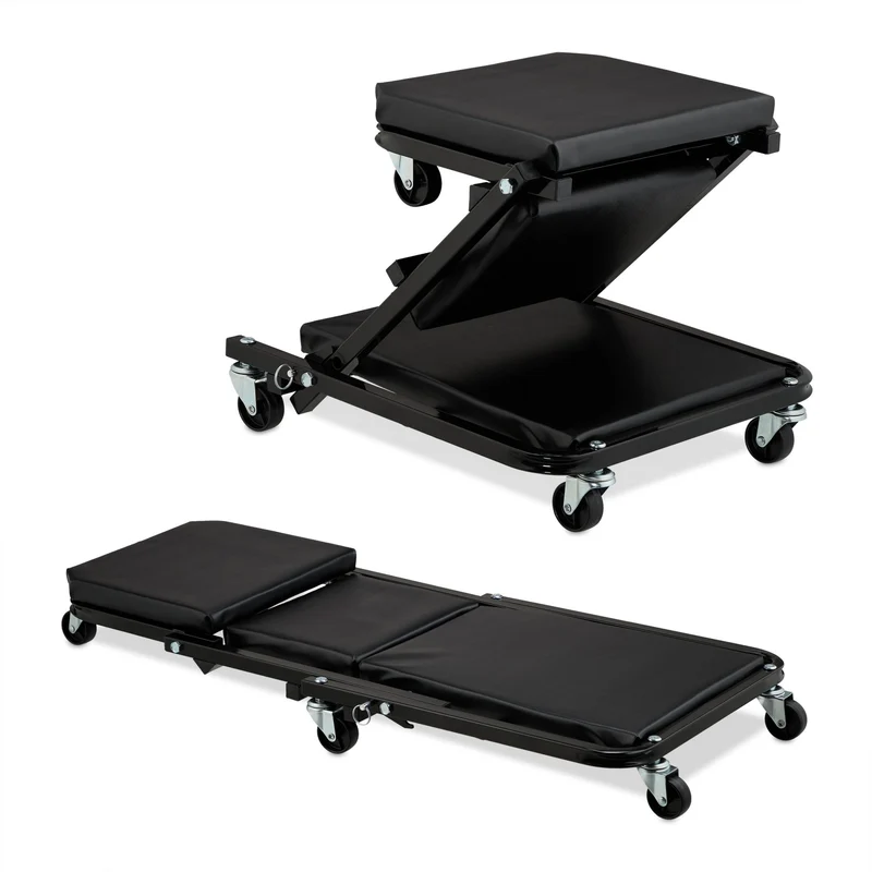 Tabouret d'atelier pliable 90 x 40 x 30 cm assise ergonomique polyvalente garage en acier noir 13_0015878
