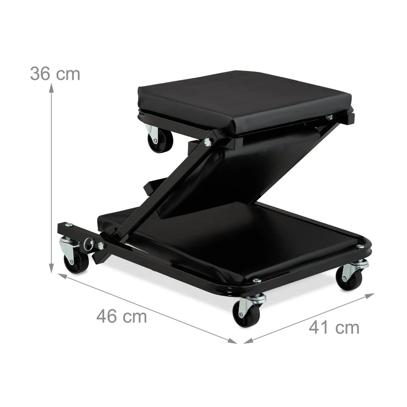 Tabouret d'atelier pliable 90 x 40 x 30 cm assise ergonomique polyvalente garage en acier noir 13_0015878
