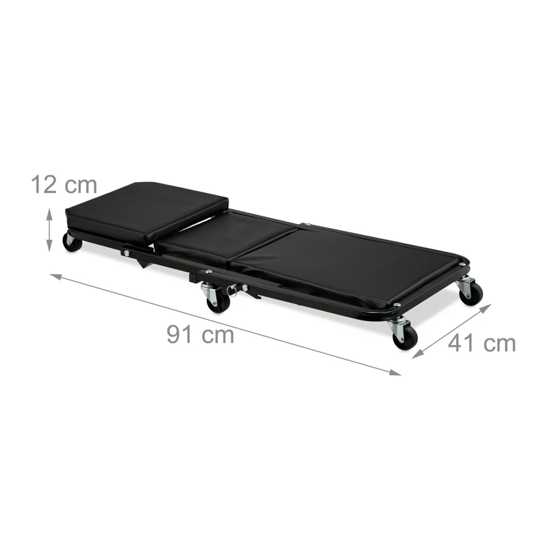 Tabouret d'atelier pliable 90 x 40 x 30 cm assise ergonomique polyvalente garage en acier noir 13_0015878