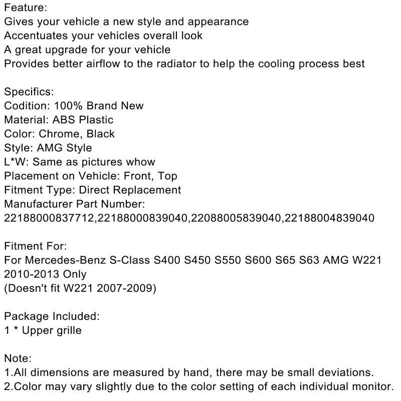 Calandre Avant Style AMG Mercedes Classe S W221 2010-2013