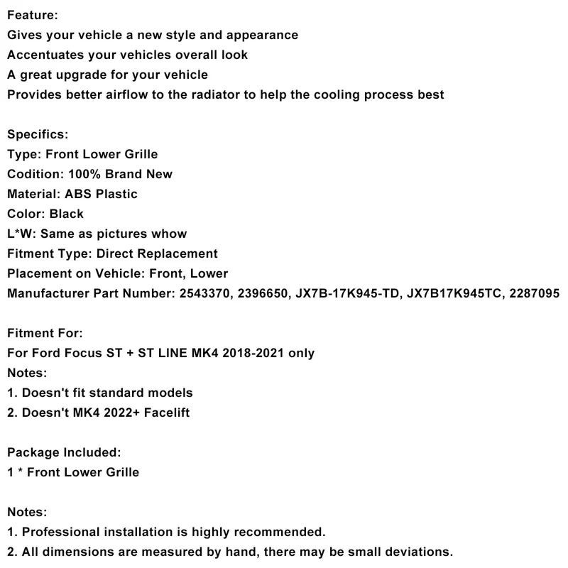 Calandre Inférieure Pare-Chocs Ford Focus MK4 ST 2018-2021