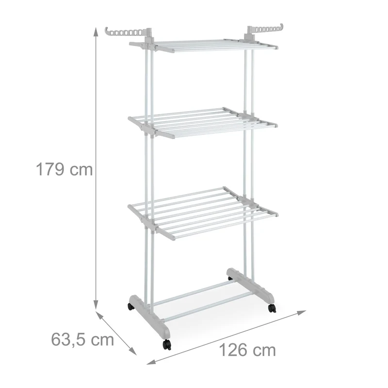 Séchoir à linge mobile tour 179 x 126 x 63,5 cm 4 niveaux avec roulettes design pratique en fer blanc 13_0017301