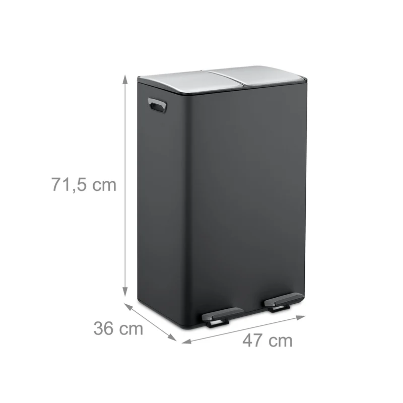 Poubelle de cuisine moderne tri sélectif 71,5 x 47 x 36 cm pratique finition mate en métal noir 13_0017159