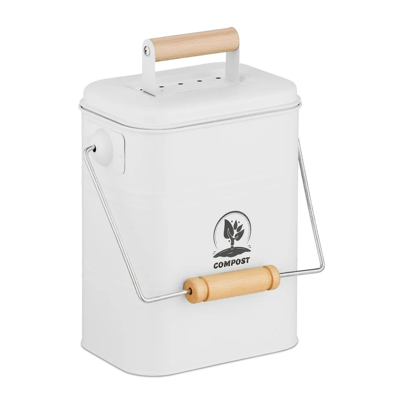Seau à compost 3,5 litres design rustique cuisine circulation air optimale finition mate en métal gris 13_0017238