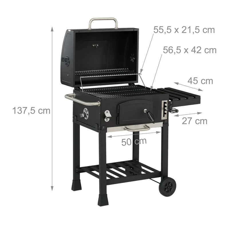 Chariot de barbecue à charbon extérieur réglable 145 x 60 x 110 cm avec couvercle pratique design noir 13_0017018