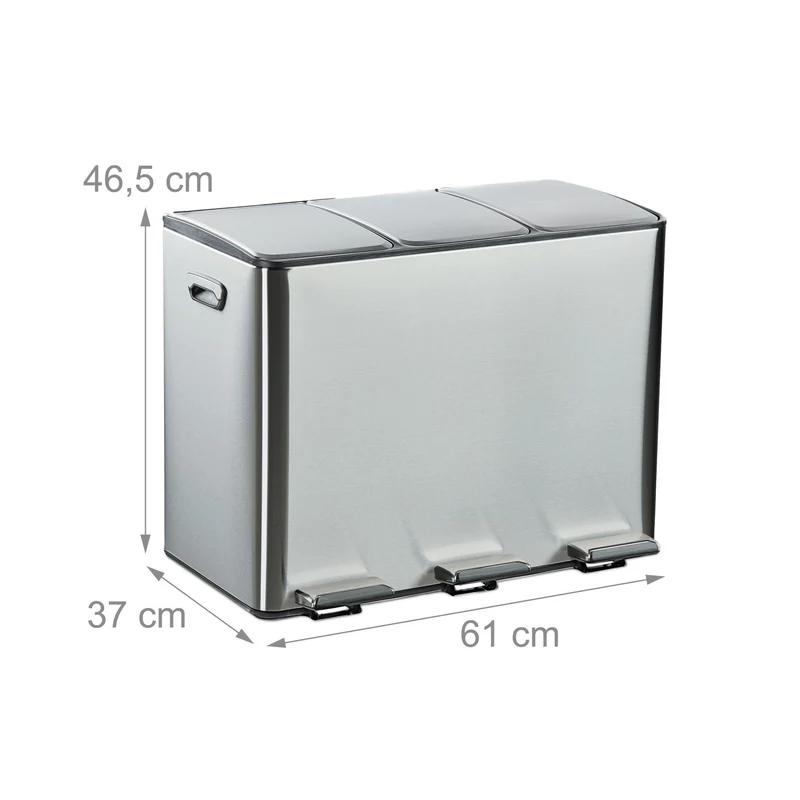 Poubelle de cuisine 46,5 x 61 x 37 cm tri sélectif 3 compartiments design épuré en acier inoxydable argent 13_0017136