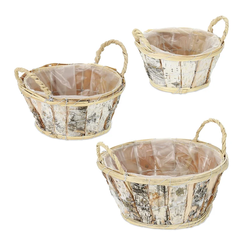Lot de 3 pots de fleurs ronds avec poignées design naturel intérieur extérieur en bois de bouleau 13_0012590
