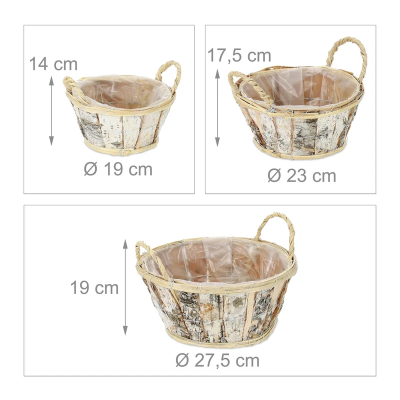 Lot de 3 pots de fleurs ronds avec poignées design naturel intérieur extérieur en bois de bouleau 13_0012590