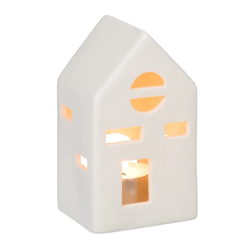 Photophore en forme de maison ambiance cosy déco intérieur 18 x 12 x 12 cm en porcelaine blanche 13_0015192