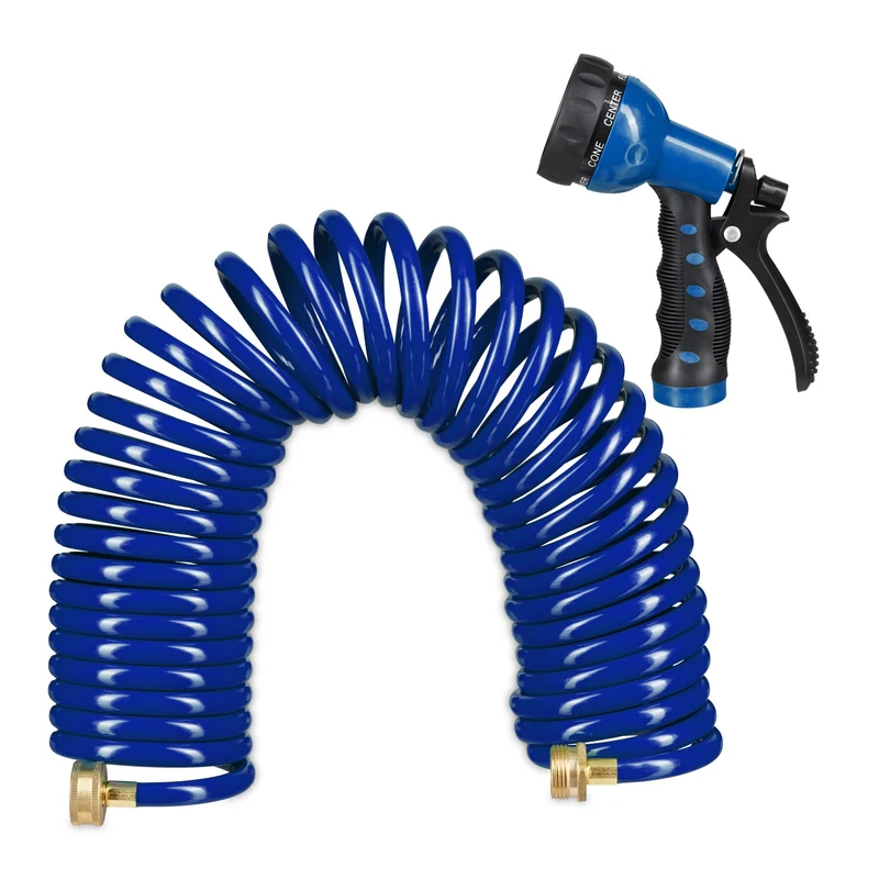 Tuyau d'arrosage spiralé extensible 10 mètres avec pistolet 7 modes pratique jardin terrasse en PVC vert 13_0011614