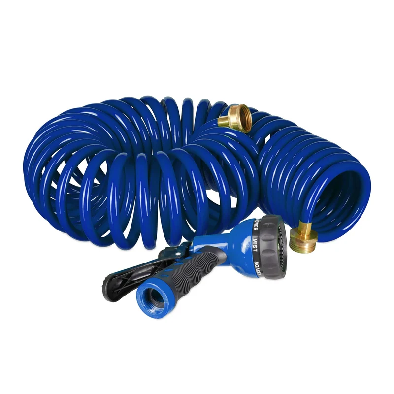 Tuyau d'arrosage spiralé extensible 10 mètres avec pistolet 7 modes pratique jardin terrasse en PVC vert 13_0011614