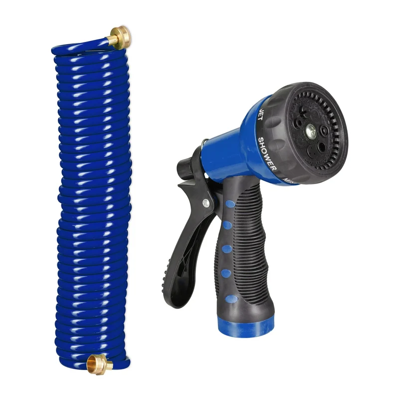 Tuyau d'arrosage spiralé extensible 10 mètres avec pistolet 7 modes pratique jardin terrasse en PVC vert 13_0011614