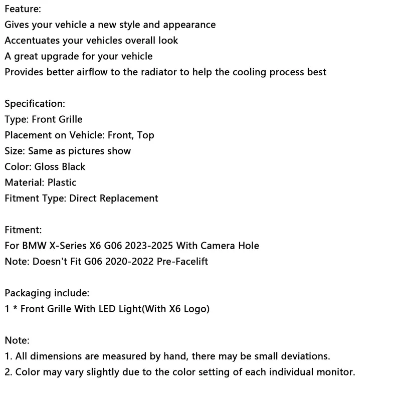 Grille BMW X6 G06 M60i Noir 2023-2025 Pare-Chocs
