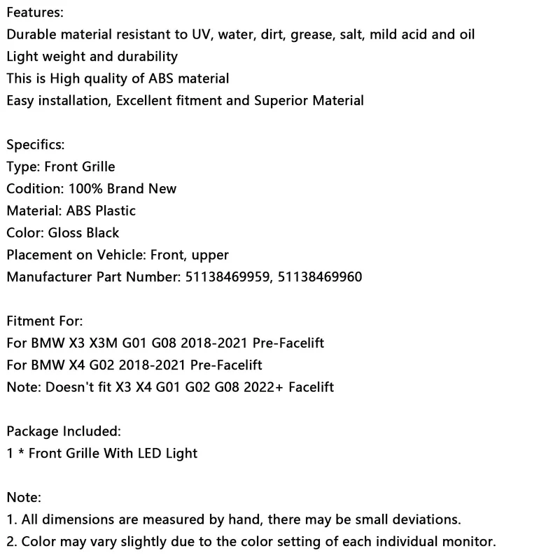 Calandre Maille BMW X3 X4 G01 G02 Noir Brillant 2018-2021