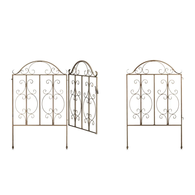 Portillon de jardin en acier 3 pièces avec ornements incurvés extensible en aspect bronze foncé 13_0010586