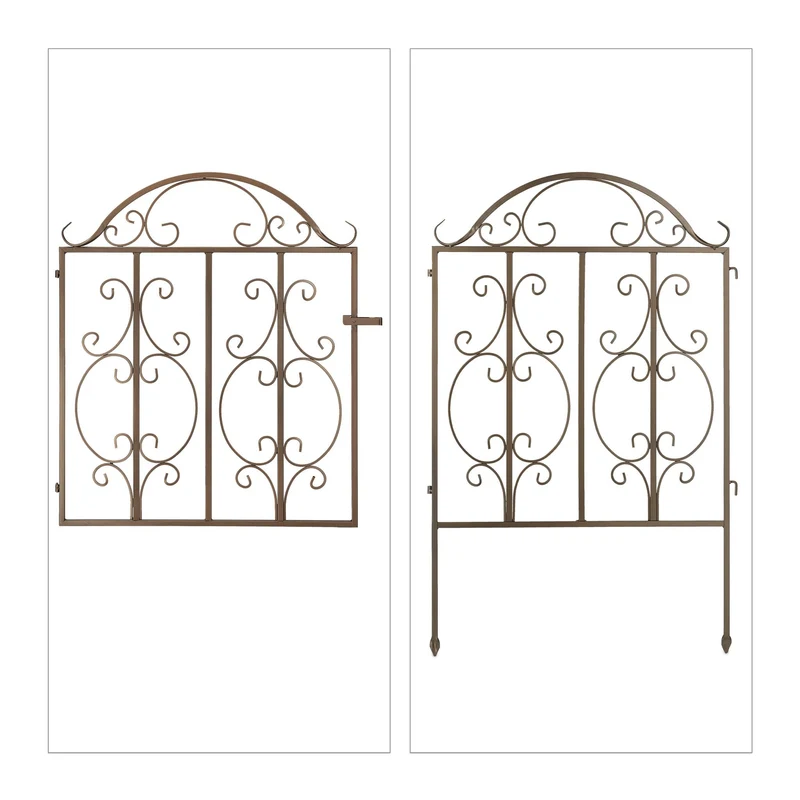 Portillon de jardin en acier 3 pièces avec ornements incurvés extensible en aspect bronze foncé 13_0010586