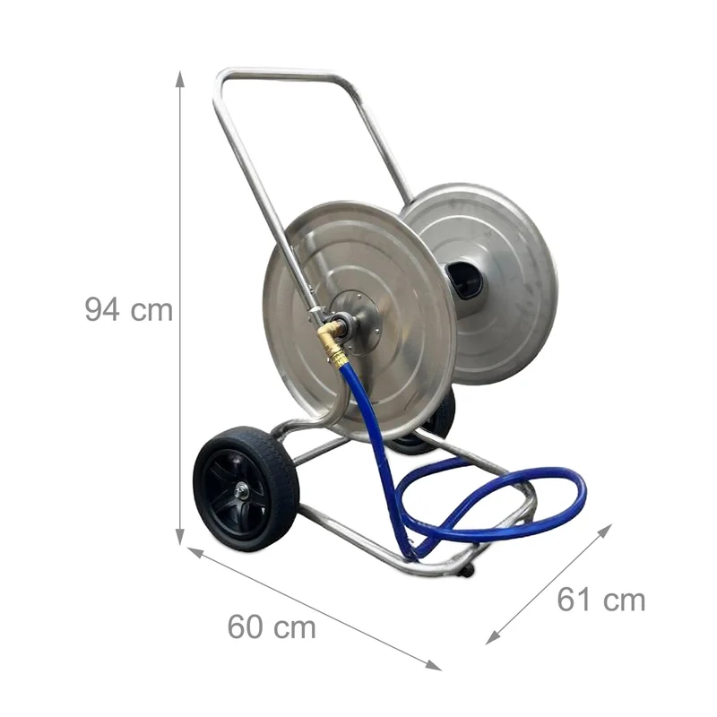 Chariot dévidoir de tuyau d'arrosage mobile avec manivelle 80 x 40 x 40 cm en acier inoxydable argenté 13_0017842