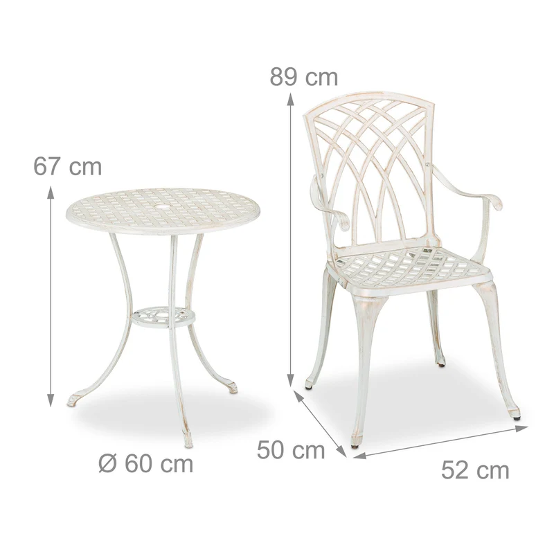 Lot de meubles de jardin table et 2 chaises compactes design rustique terrasse balcon 67 x 60 cm en fonte d'aluminium gris 13_0016726